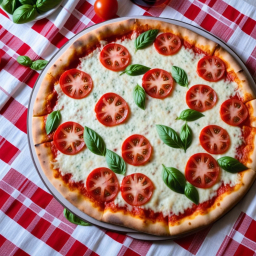 Delicious Margherita Pizza with Fresh Tomato, Basil, and Cheese on a Picnic Tablecloth