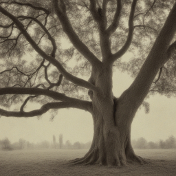 Ancient Tree with Expansive Canopy Shrouded in Mystical Morning Mist