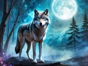 Enchanted Moonlit Wolf: A Mystical Fantasy Silhouette on Rocky Terrain