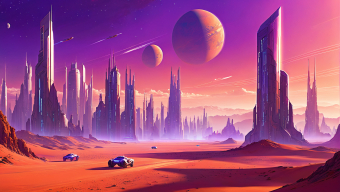 Futuristic Desert Cityscape Under a Starry Purple Sky
