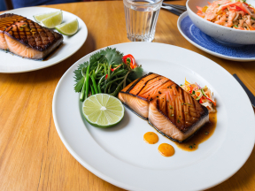 Healthy Cooked Salmon with Cilantro, Lime, and Spicy Vegetable Salad