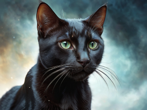Enigmatic Gaze: A Black Cat Amidst a Dreamlike Cosmic Backdrop