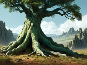 Ancient Tree with Exposed Roots in a Rugged Fantasy Landscape