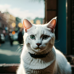 Curious Cat on a Windowsill: A Serene Indoor Moment Overlooking a Bustling Street at Sunset