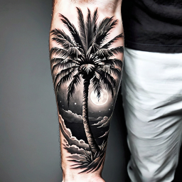 Artistic Palm Tree Tattoo with Moon and Clouds: A Detailed Tropical Beach Scene