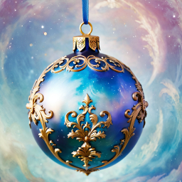 Celestial Elegance: A Blue and Gold Christmas Ornament Floating in the Cosmos