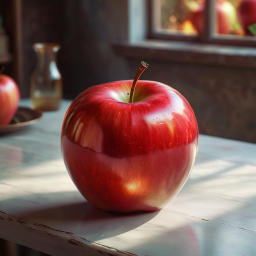 Sunlit Rustic Kitchen Scene Featuring a Ripe Red Apple on Wooden Table
