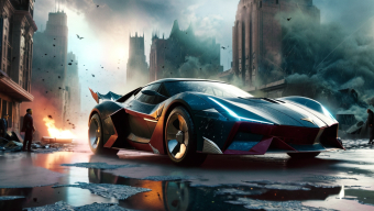 Futuristic City Under Siege: High-Tech Race Car Amidst Chaos and Destruction