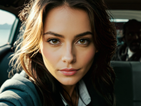 Professional Woman in Formal Attire Sitting Inside a Vehicle During Daytime