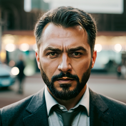 Serious Man in a Dark Suit Amidst a Bustling Urban Street Scene