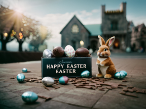 Easter Celebration with Stuffed Bunny and Colorful Chocolate Eggs by a Historic Building