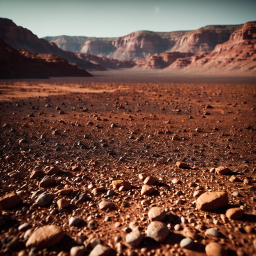 Sunset Over Rugged Red Rock Desert Landscape with Eroded Terrain