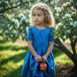 Springtime in the Apple Orchard: A Young Girl with Curly Hair Holding a Fresh Apple