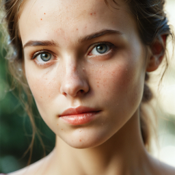 Contemplative Close-Up of a Freckled Person with Light Blue Eyes in Natural Outdoor Light