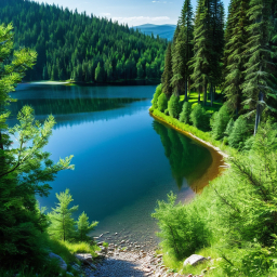 Tranquil Alpine Lake Surrounded by Lush Greenery and Mountains