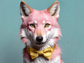 Whimsical Pink Wolf Wearing a Yellow Bow Tie Against a Neutral Background