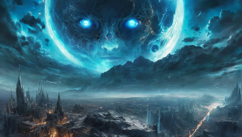 Shattered Moon Over a Ruined Cityscape: A Dystopian Fantasy Scene