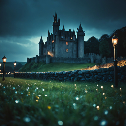 Enchanted Night: Illuminated Medieval Castle Amidst Lush Landscape
