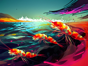 Psychedelic Underwater Dance: Vibrant Shrimp in a Swirling Ocean of Color