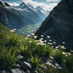 Breathtaking Alpine Landscape Featuring Edelweiss and Snow-Capped Peaks