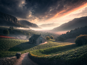 Serene Countryside: A Thatched Cottage Amid Rolling Hills and Gathering Clouds