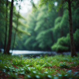 Serene Woodland Pathway Amidst Lush Greenery and Meandering Stream