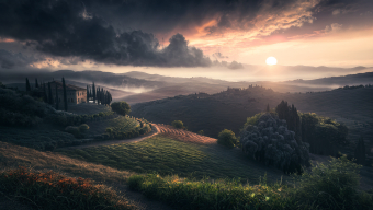 Sunset Over Serene Countryside: A Road Through Vineyards and Rolling Hills