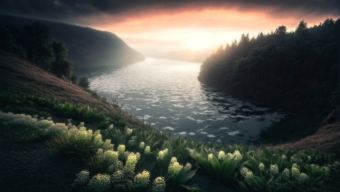 Misty River at Sunrise: A Tranquil Mountain Landscape