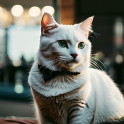 Elegant Maine Coon Cat in Bow Tie Poses Outdoors Amid Evening Lights