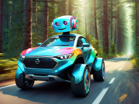 Futuristic Psychedelic Concept Car with Anthropomorphic Robot in a Forest Setting
