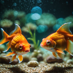 Two Vibrant Goldfish Feeding and Interacting in a Well-Maintained Aquarium