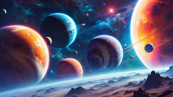 Vibrant Cosmic Landscape: A Surreal Assembly of Diverse Planets and Alien Terrain