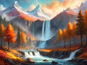 Autumnal Fantasy: Enchanted Waterfall Amidst Vibrant Fall Mountains