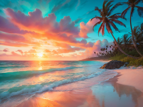Serene Sunset Beach with Silhouetted Palms and Gentle Waves