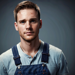 Young Man in Blue Denim Overalls Against Dark Background