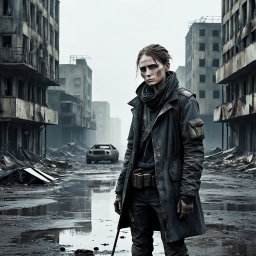 Defiant Survivor Amidst the Ruins: A Post-Apocalyptic Landscape