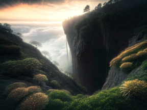 Ethereal Mountain Landscape with Cascading Waterfalls and Misty Sunlight