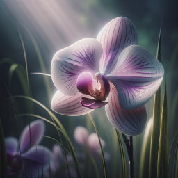 Ethereal Beauty: Close-Up of Purple and White Orchid Blossoms in Soft Light