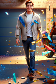 Animated Young Male Character with Glasses Walking Past Magical Shards Near a Garage Door