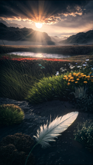 Tranquil Dawn: A Serene Lakeside Landscape with a Mystical Feather