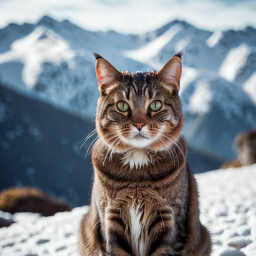 Curious Tabby Cat Poses Amidst Snowy Mountain Landscape