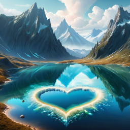 Heart-Shaped Island Amidst Majestic Mountains: A Surreal Landscape of Tranquil Beauty