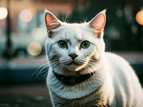 Contemplative Cat with Striking Green Eyes in a Nighttime Outdoor Setting