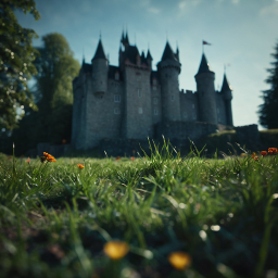 Medieval Castle Amidst Lush Greenery and Wildflowers Under a Partly Cloudy Sky