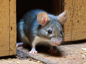 Curious Mouse Indoors: A Close-Up of a Small Rodent in a Dusty Setting
