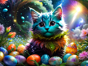 Whimsical Blue Cat Amidst Vibrant Flowers and Festive Easter Eggs: A Fantasy Illustration