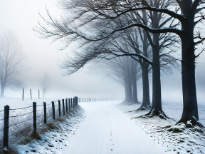 Silent Pathway: A Serene Winter Dawn in a Foggy Countryside