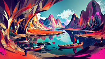 Vibrant Horizons: A Surreal Journey Through Colorful Waters and Dreamlike Mountains