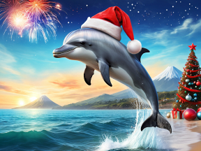Festive Ocean Celebration: Dolphins, Fireworks, and Holiday Cheer at Sunrise