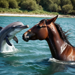 Unlikely Friends: A Horse and Dolphins Sharing a Serene Moment in Shallow Waters